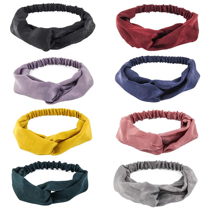 Yeshan Women's Criss cross Silk Satin Headbands Elastic Twisted Head Wrap Knotted Hair Band,pack of 8 - Image 1